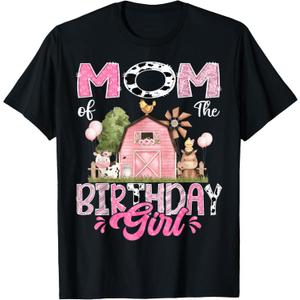 Mom Of The Birthday Girl 1St Birthday Pink Cow Farm T-Shirt (Black, XL)