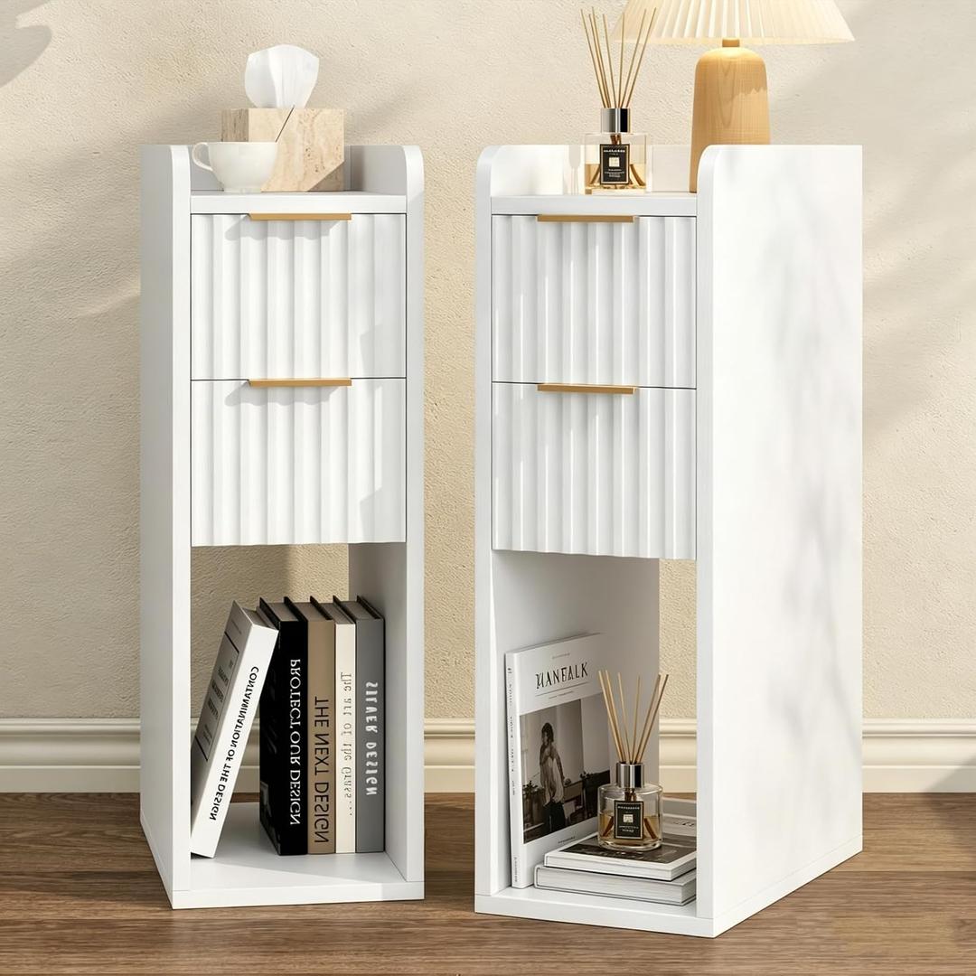 Narrow Nightstand Set of 2, 7.9" Wood Nightstands w/Fluted 2 Drawer, Slim Bed Side End Table Small Spaces Modern Skinny Wooden Night Stand for Bedroom, Living Room, White, 13.8"d X 7.9"w X 23.6"h