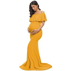 Glampunch Womens Off Shoulder Maternity Dress Ruffles Elegant Slim Gowns Fit Maxi Photography Dress XL