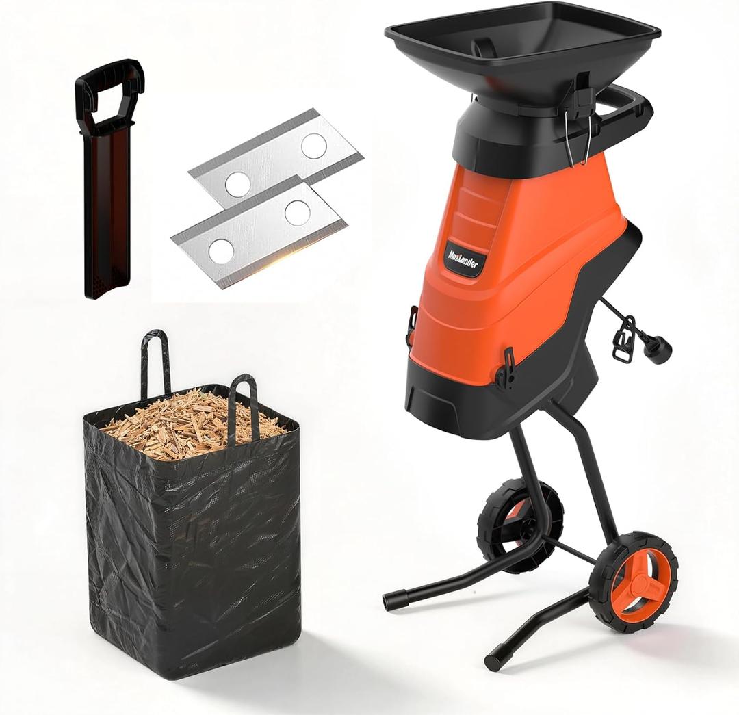MAXLANDER 15-Amp Electric Wood Chipper Shredder, 1.75-Inch Cutting Capacity, Yard Waste Mulcher for Composting Branches & Twigs, Corded Chipper with Collection Bag