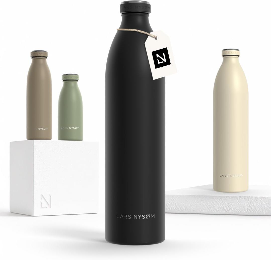 LARS NYSM Stainless Steel Insulated XL Water Bottle 12oz 17oz 25oz 34oz 51oz | Insulated Thermo Flask for Hot and Cold Beverages | Leakproof Drinking Bottle (Carbon Black, XL 50.7oz)