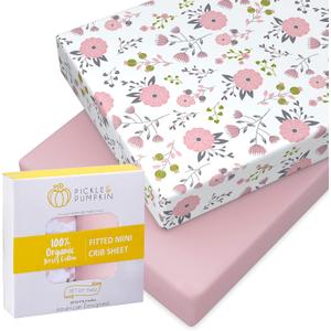 Mini Crib Sheet with Floral & Pink Pattern - 100% Organic Cotton Pack n Play Fitted Sheet - Premium Pack n Play Sheets - Compatible as Graco Pack n Play Sheet & Mini Crib Sheets - Pickle & Pumpkin