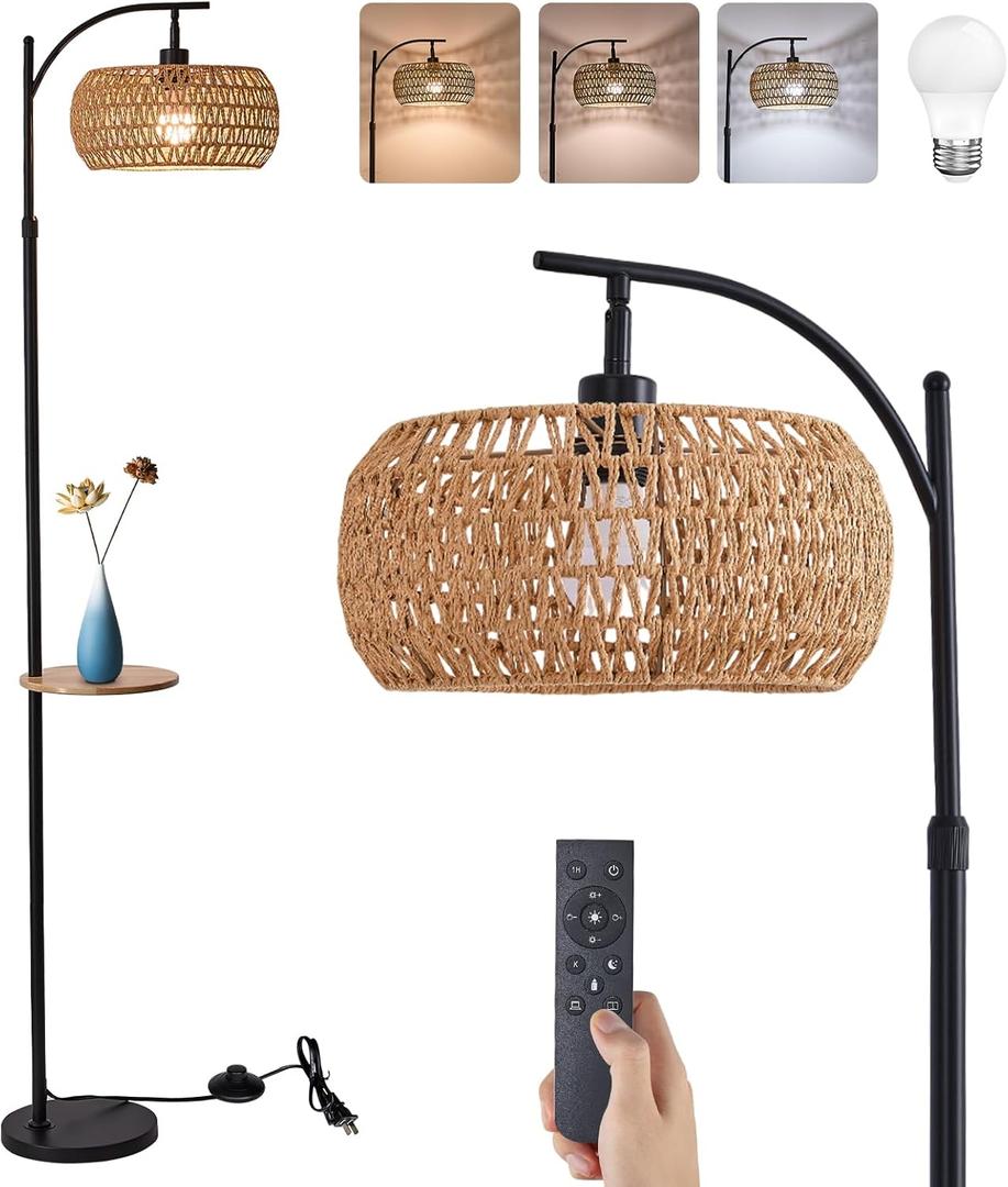 Black Floor Lamp for Living Room, Boho Rattan Floor Lamp with Shelf Farmhouse Standing Lamp with 3 Color Temperature, Arc Cornor Tall Lamp for Bedroom Office,Remote & Dimmable LED Bulb Included.