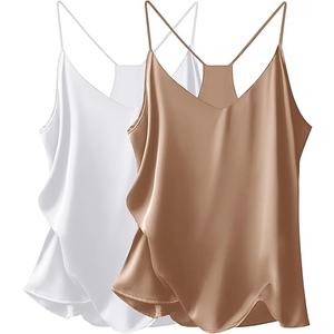 Ekouaer Womens Silk Satin Cami Tops 2 Pack V Neck Blouse Spaghetti Strap Summer Basic Camisole Tank Top, Large 