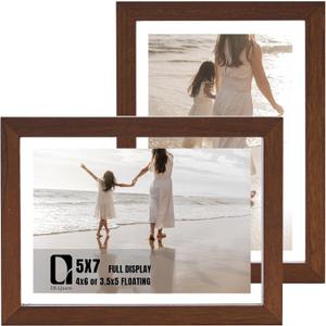 DLQuarts 5x7 Floating Picture Frames for 4x6/3.5x5 Photos, 2-Pack Solid Wood Double Polished Glass Floating Frame for Wall & Tabletop, Postcards and Any Size Photo up to 5x7 Display, Dark Walnut