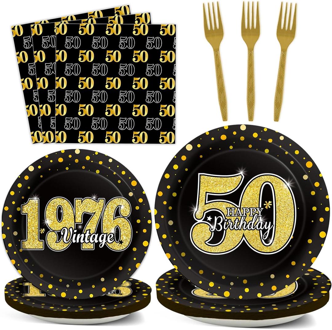 ZOIIWA 96 Pcs Vintage 50th Birthday Party Decorations Vintage 1976 Birthday Tableware for Men Woman Cheers to 50 Years Dessert Plates Napkins Forks for 24 Guests Back in 1976 Party Favors