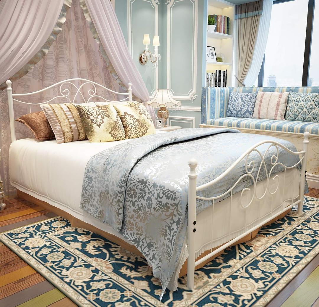YALAXON Vintage Sturdy Queen Size Metal Bed Frame with Headboard and Footboard Basic Bed Frame No Box Spring Needed (Queen, Grayish White)