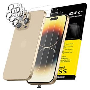 NEW'C 3x for iPhone 14 Pro Screen Protector (6.1 inches)+ 3x Camera Lens Protector, Sensor Protection + Dust Plug - Case Friendly Tempered Glass Film, Ultra Resistant