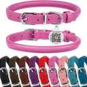 BRONZEDOG Rolled Leather Dog Collar for Small Medium Large Dogs with QR ID Tag (L: 16-18 Inch, Hot Pink)