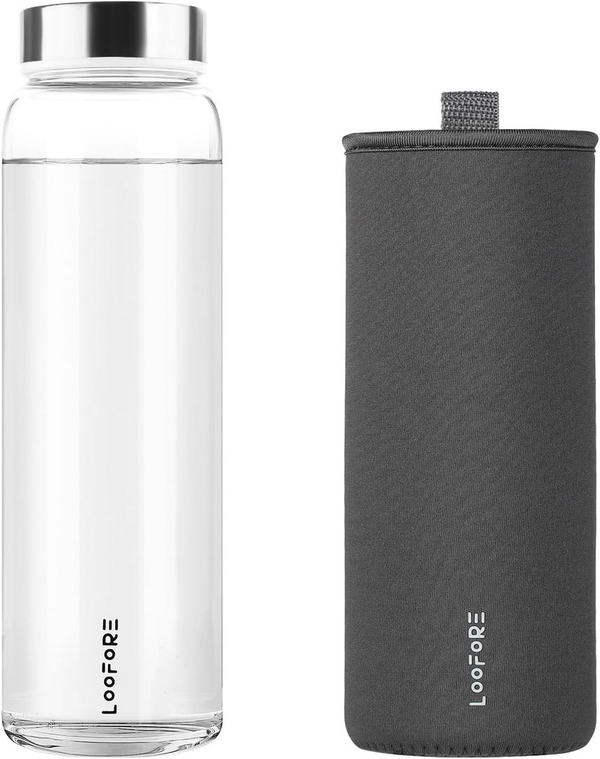Glass Water Bottles 32 oz, 1 liter / 1000ml Wide Mouth Glass Drinking Bottles with Lids, Large Reusable Borosilicate Water Bottle for School Home Office Travel Sport Yoga Gym, 1 Pack