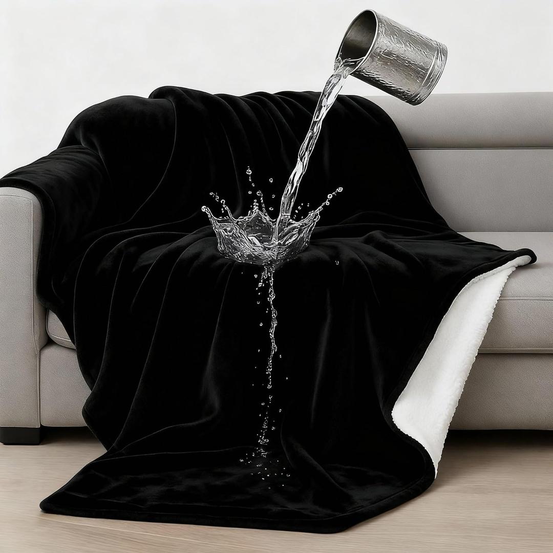 Tisancy Black Waterproof Bed Blanket, 45'' x 40'' Portable Double Side Leakproof Sherpa Flannel Fleece 3 Layer Lightweight Blanket Fits Single Chairs/Travel, Ideal for Small Spots, Absorbs 18oz