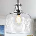 Extra Large 16" Vintage Farmhouse Pendant Light  Hand-Blown Clear Hammered Glass Shade, Adjustable Chain, Hanging Light for Kitchen Island, Dining Room, Hallway, Black Finish
