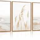HPNIUB Modern Beach Waves Framed Wall Art Set,Seaside Reed Pathway Wall Decor,Minimalist Neutral Coastal Landscape Printing,Boho Seascape Nature Artwork for Living Room, Bedroom,Bathroom-24''x36''x3