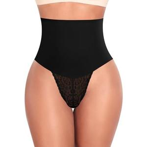 Werena Tummy Control Thong Shapewear for Women Mid High Waisted Body Shaper Underwear Lace Shaping Thong Girdle Panties 2XL