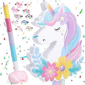 Unicorn Piñata - Unicorn Party Supplies Piñata Bundle with Hair Clip Blindfold and Bat, Pull String Pinata for Birthday Favors Decorations Supplies for Girls (16x12x3 Inches)
