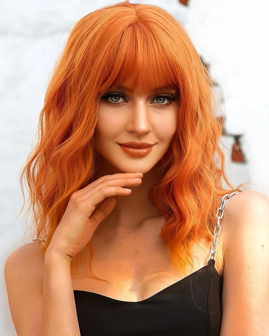 12 Inch Short Wavy Wig with Bangs Short Orange Bob Wigs for Women Wavy Bob Wig with Bangs Synthetic Natural Looking Heat Resistant Wigs