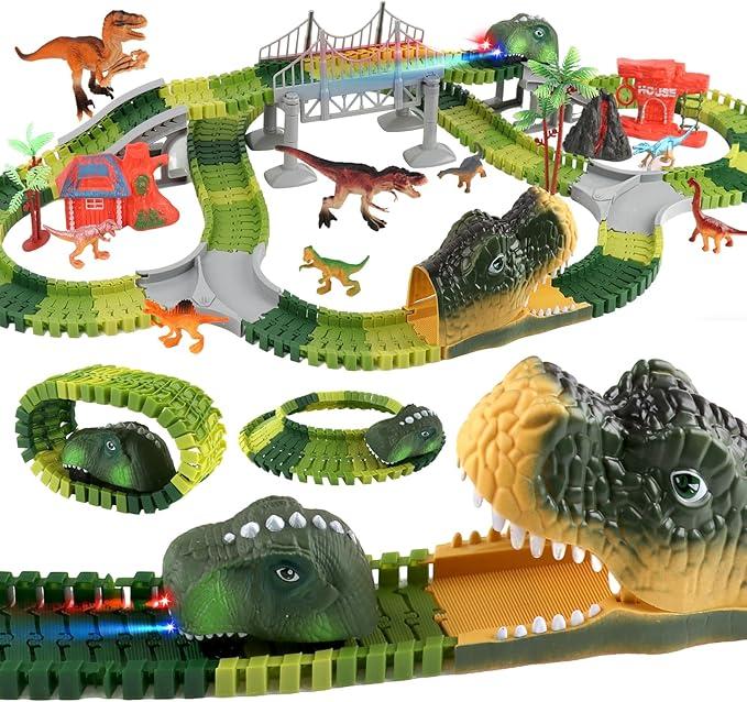 Valentines Day Gifts for Kids, Dinosaur Train Set,Boys Valentine Gifts Dinosaur Train Toys, 360 Electric Climbing Dinosaur Car Race Tracks with Sound and Lights, Race Train Track Toy Birthday (96Pcs)