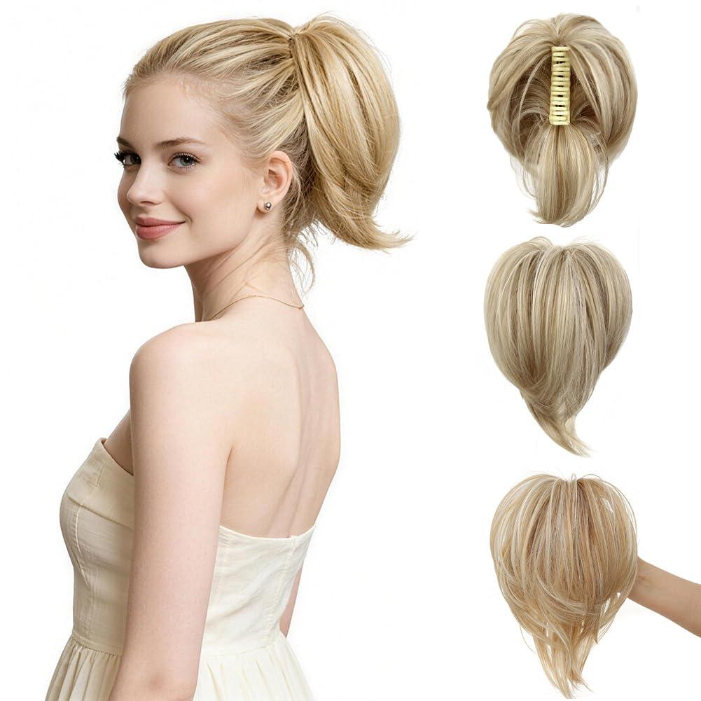 Claw Clip in Ponytail Extensions Short Hair Pieces for Women Messy Fake Bun Style Hairpieces (Dirty Blonde)