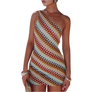 GORGLITTER Women's Asymmetrical One Shoulder Dress Summer Striped Sleeveless Birthday Night Bodycon Mini Sundresses Blue Small