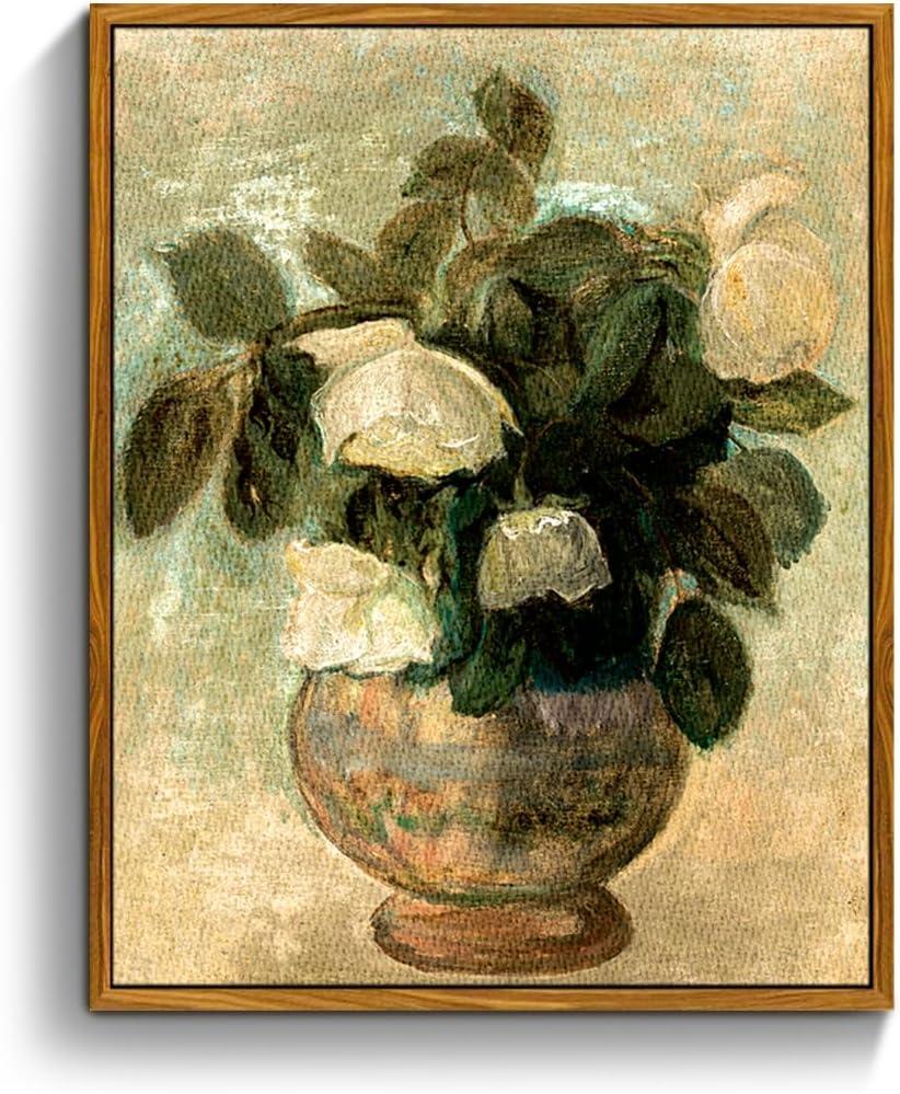 crmotu Vintage Framed Wall Art, White Rose Classical Oil Paintings, Botanical Floral Canvas Prints, French Country Aesthetic Pictures Wall Decor Living Room Bedroom Kitchen Office Farmhouse 8x10in