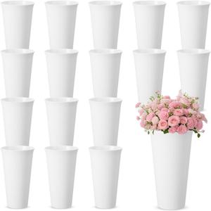 16 Pack Flower Buckets 9.84 Inch Plastic Flower Vases Modern Round Vases for Centerpieces Floral Display Decorative Buckets for Table Home Wedding Decorations (Pure White)
