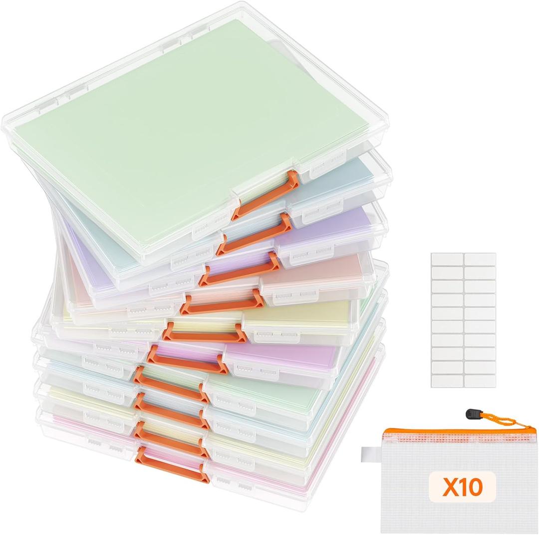 Lifewit 10 Pack Plastic Paper Storage Boxes, A4/Letter Size, 10 Extra Zipper Bags, Sticker Label, Portable File box with Latching Lid and Handle, Versatile Storage box for Projects, Craft Supplies