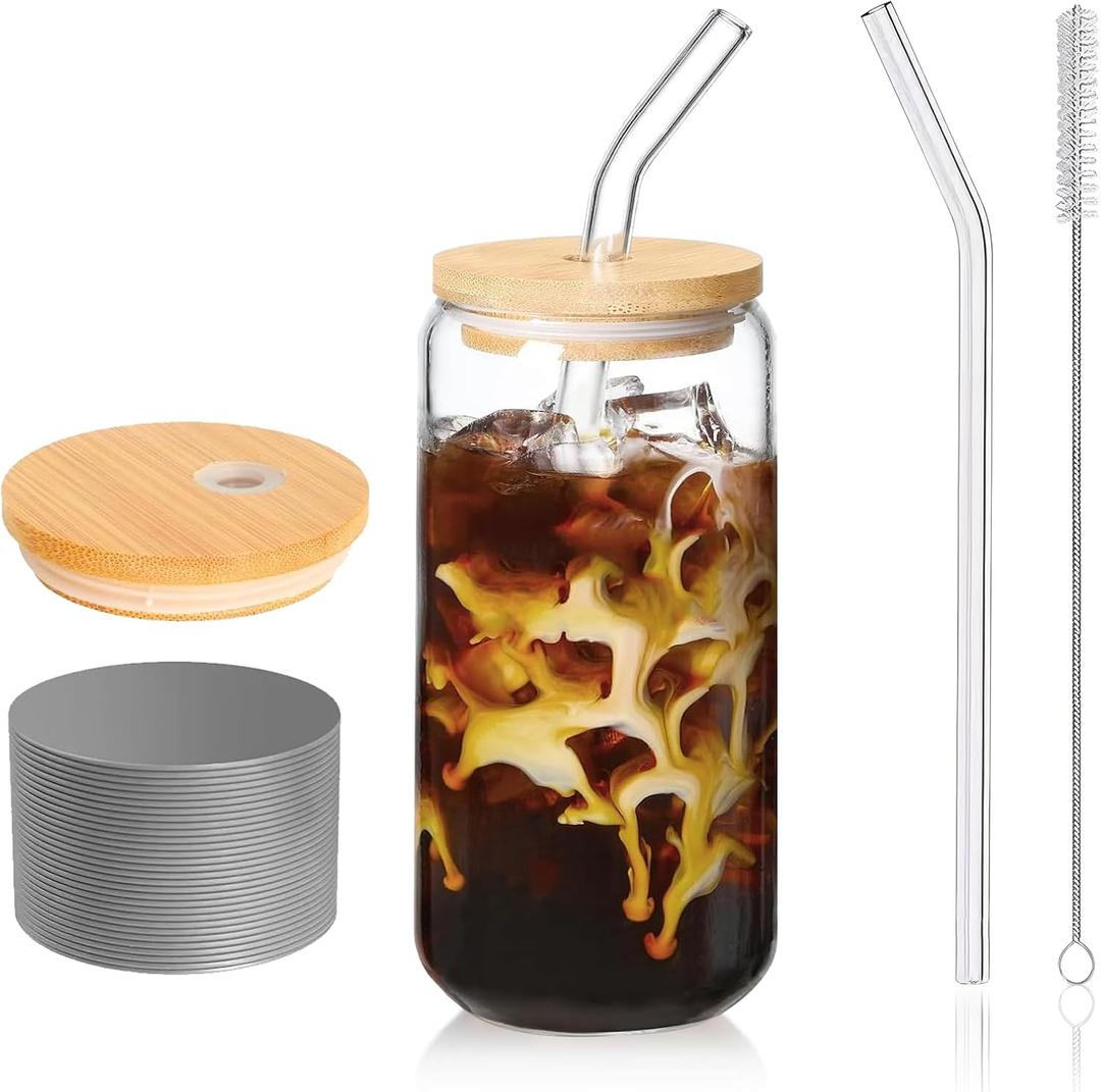 Glass Cup with Lid and Straw 1 Pcs, Glass Cups with Bamboo Lid for Iced Coffee, Smoothie, Beer, Cocktail, Whiskey, Soda-16 Oz Glass Tumbler with 1 Straw, 1 Brush, Grey