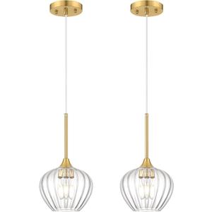 2-Pack Glass Pendant Lights Kitchen Island, 7" Modern Gold Pendant Lighting Adjustable Hanging Light Fixtures for Kitchen, Dining Room, Bathroom, Bedroom