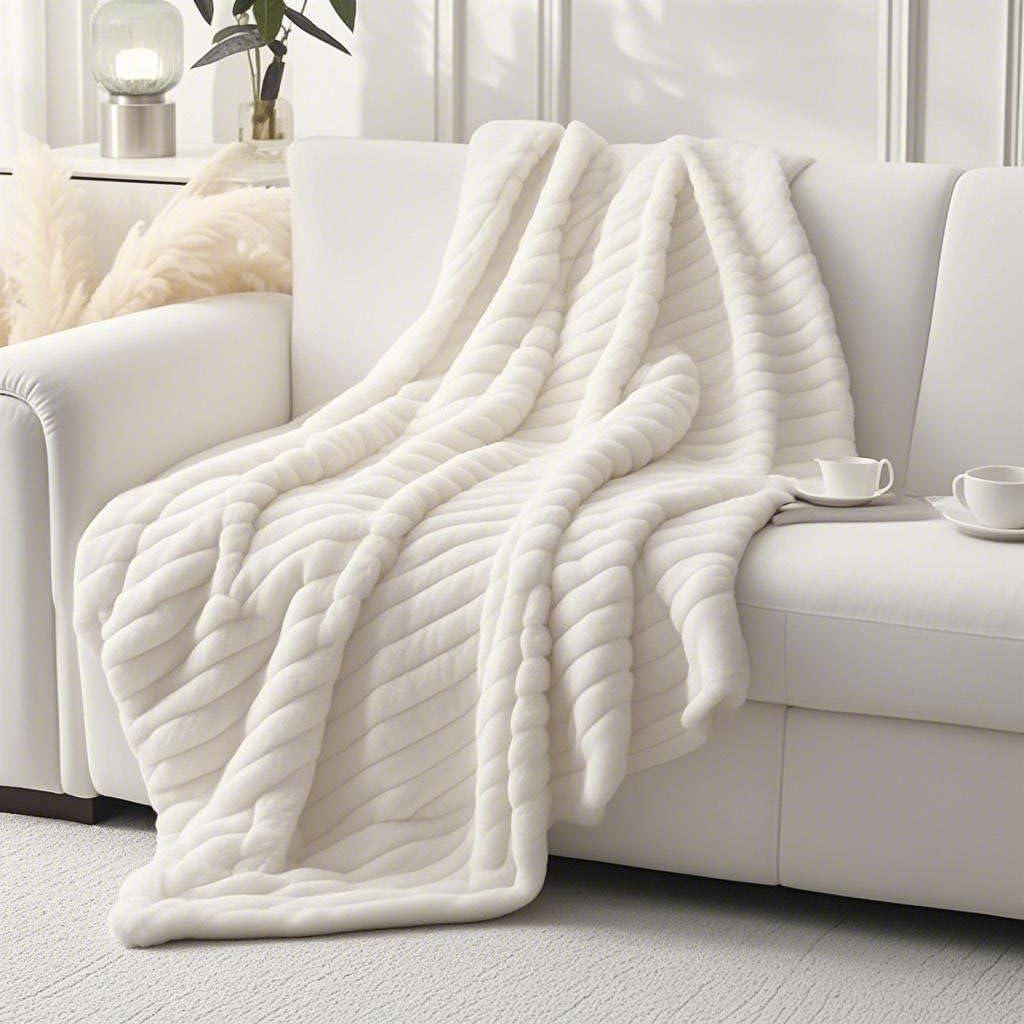 Luxury Faux Fur Throw Blanket, Cozy & Warm Soft Plush Ribbed Design,Gift for Women (Beige, Throw (49" x 63"), Striped)