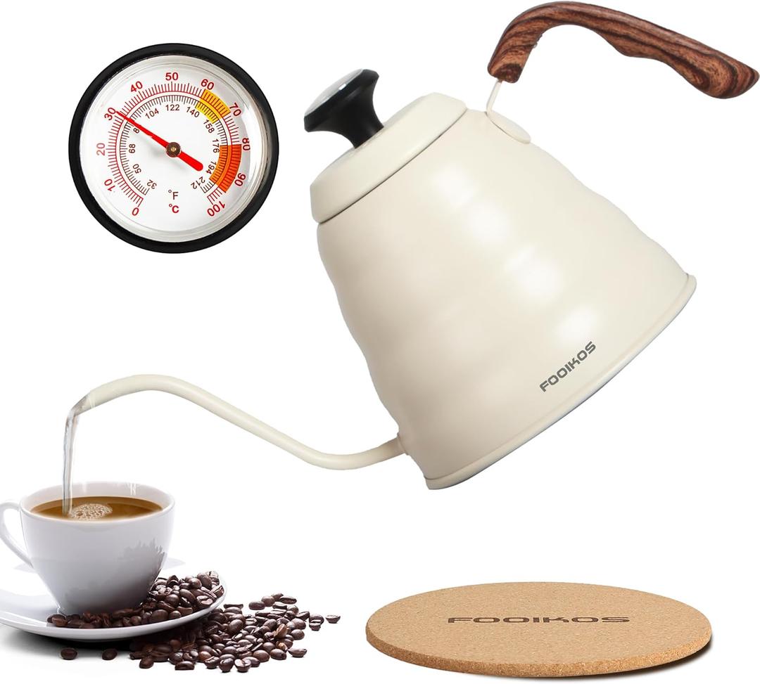 Tea Kettle gooseneck with Thermometer for Pour Over Coffee & Tea, 42 fl oz, Premium Stainless Steel, Accurate Temperature Control, Ideal Spout for Precision Pouring, Compatible with all Stovetop (White)
