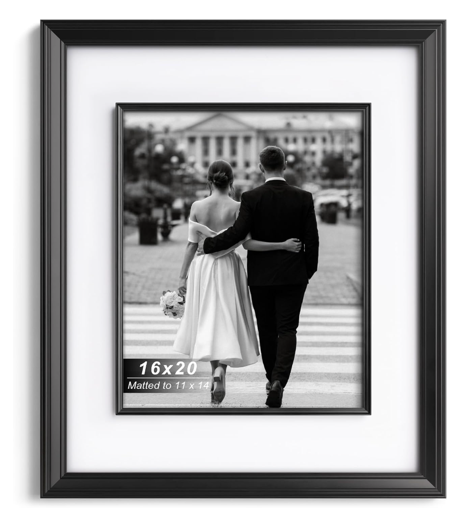 Yaetm 16x20 Black Picture Frame with Decorative Inner Frame & Tempered Glass, Display 11x14 Photos with Mat on Wall - Portrait or Landscape - Ideal for Office & Home Décor (Black, Single)