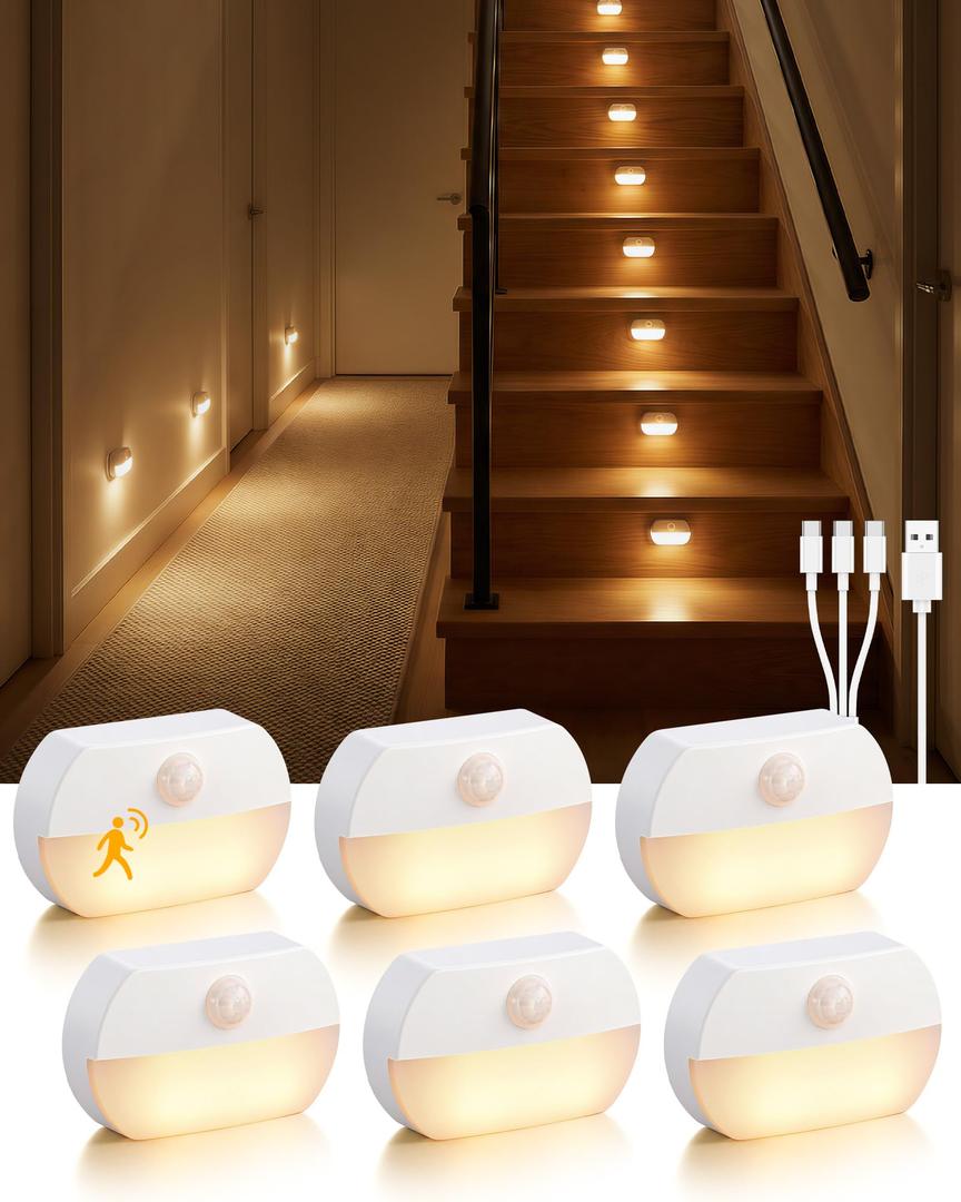Lazukes 12 Pack Rechargeable Motion Sensor Stair Lights, Indoor Hallway Light, Portable Wireless Stick On Night Light, Battery Operated LED Lights for Staircase Closet Cabinet Toilet