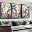Large Framed Botanical Wall Art - Tropical Leaf Wall Decor 24"x36" Set of 3 Beige Boho Art Prints Minimalist Palm Painting Rustic Plant Canvas Pictures for Living Room Bedroom Office Artwork