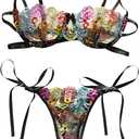 Lilosy Sexy Tie Side Cute Underwire Push Up Strappy Embroidered Mesh Sheer Lingerie Set (Small, Bow Multicolor Black)