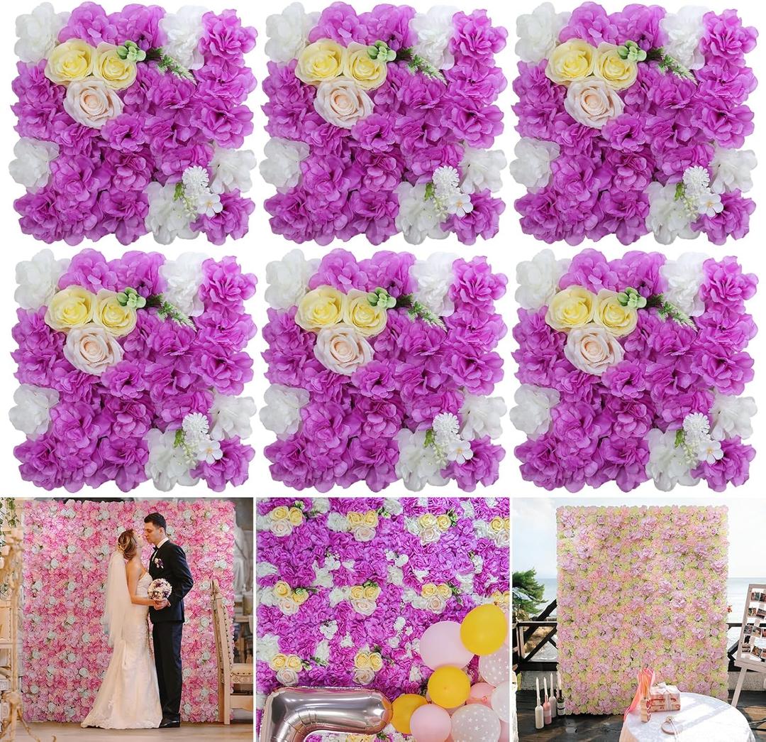 Flower Wall Panels, Artificial Flower Wall Backdrop, 6 PCs of 15x15 Inch 3D Silk Rose Wall, Wedding Floral Mat for Stage Party Photo Background Home Decoration (White and Purple)