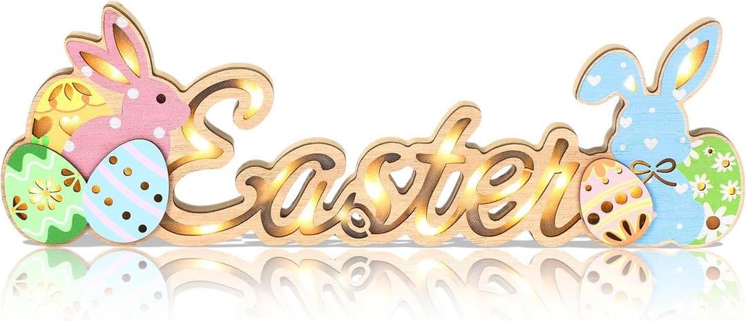 Sieral Easter Decorations Wooden Easter Decor for Table with LED Lights Lighted Bunny Sign Farmhouse Tabletop Decoration for The Home Living Room Party Holiday Decor