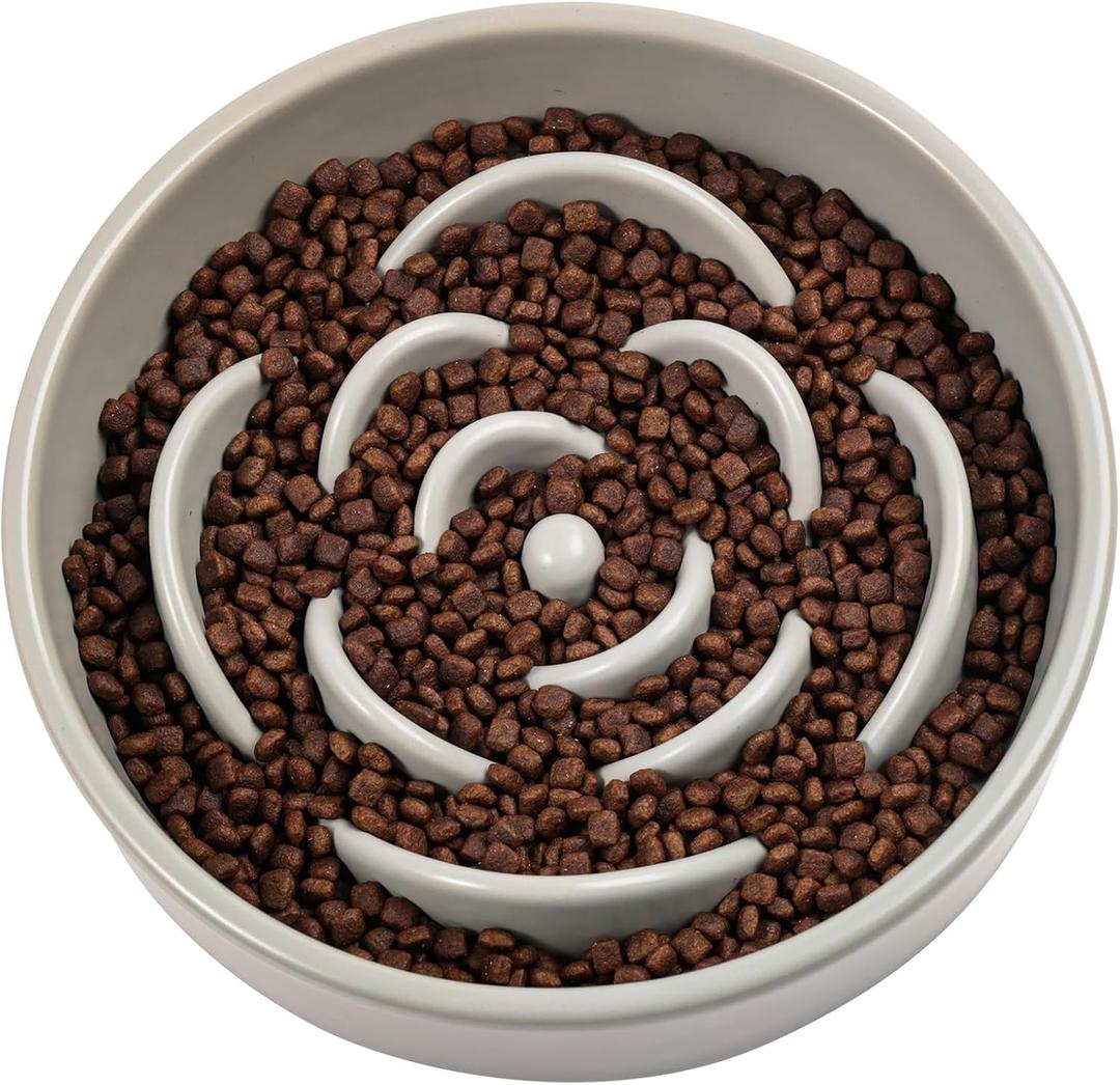 Grey Ceramic Dog Bowl Slow Feeder for Medium and Large Breed,1.5 Cup 8.26 in Slow Feeding Bowl,Puzzle Dog Food Bowl for Fast Eater,Maze Dish for Fast Eater