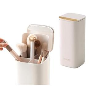 Makeup Brush Holder with Lid, Push Pop-Up Makeup Brush Organizer, 4 Slots Makeup Cosmetics Organizerfor Vanity Decor, Bathroom Countertop , Large Capcity, Dustproof, Waterproof | White and Gold