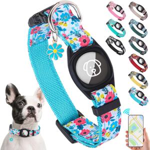 SCENEREAL Airtag Dog Collar for Small Medium Dogs, Puppy Collar with Durable Airtag Holder, Compatible Apple Air Tag, Anti-Lost Adjustable Soft Comfortable Unique Style, Blue Flower XS