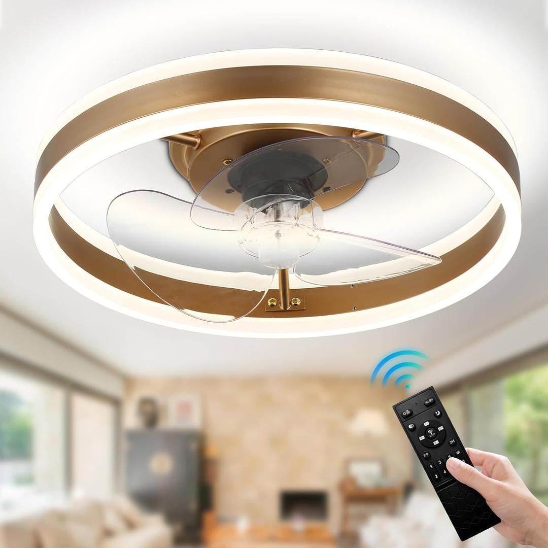 Modern Ceiling Fans with Lights, 16in Flush Mount Ceiling Fan with 6 Wind Speeds, Smart Bladeless Ceiling Fan Light with Remote for Bedroom, Living Room(Gold)
