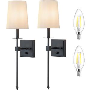 Wall Sconces Sets of 2, Retro Industrial Wall Lamps, Hardwired Bathroom Vanity Sconces Wall Lighting with White Fabric Shade, Indoor Wall Lights for Bedroom Living Room Corridor Black