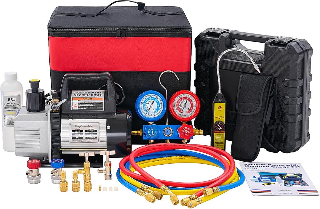 OLIXIS 110V 1/3 HP 4CFM Single Stage Vacuum Pump Kit with R134a Manifold Gauge Set, Leak Detector, 1/4" Hoses & Carry Bag for HVAC AC Refrigeration, ETL Listed, Black