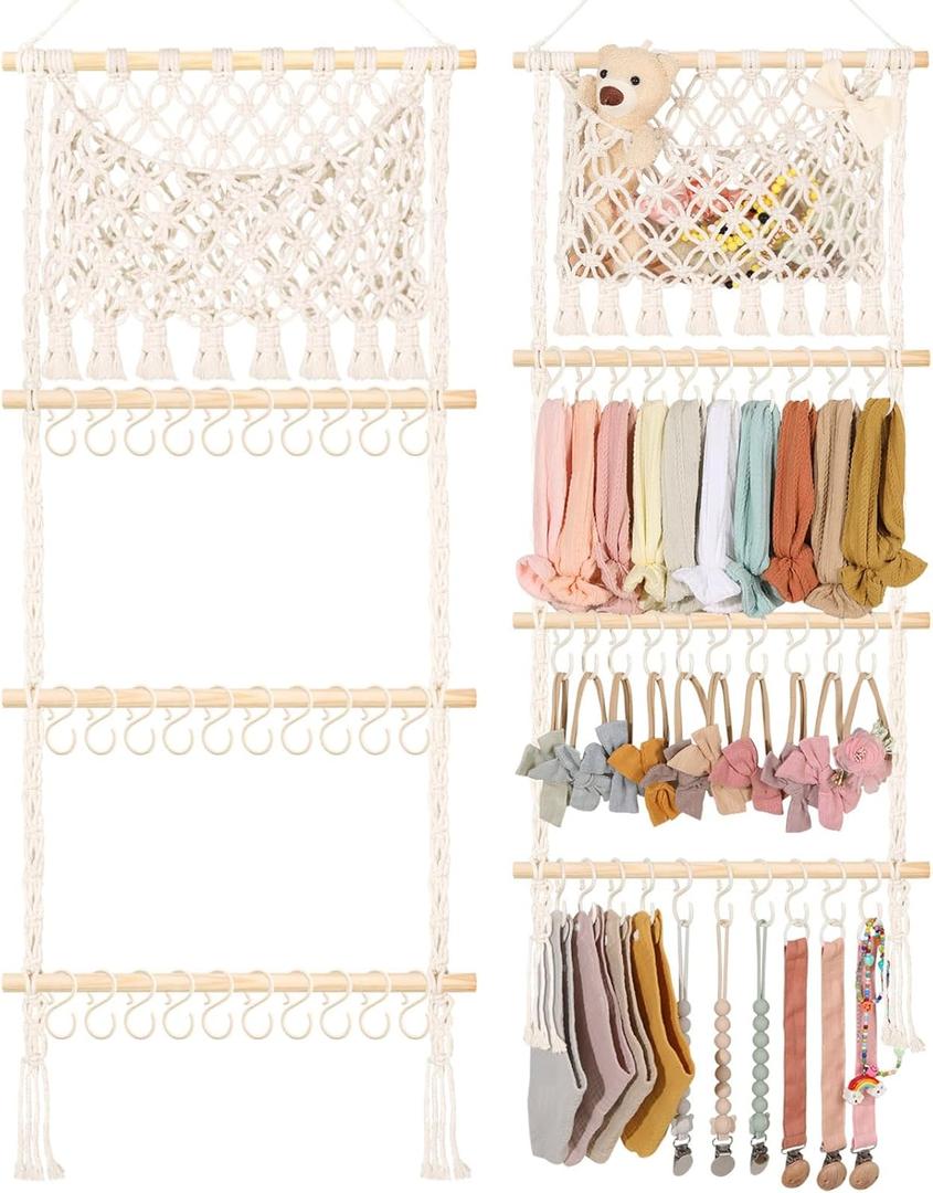 POVETIRE Headband Holder Hair Bow Organizer for Girls,Macrame Bow Holder Hair Accessories Organizer Storage Large Capacity Wall Hanging for Toddler Girl Nursery Room Decor