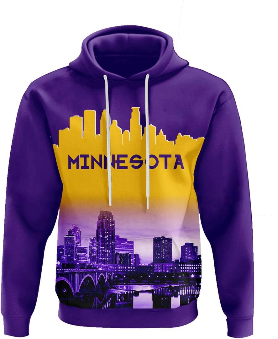 City Night View Silhouette Skyline Football Hoodie Gift for Men Football Sweatshirt Pullover Top Long Sleeve Hoodie (2XL, Purple-yellow)
