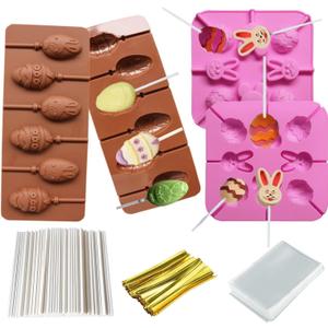 2 Pack Easter Lollipop Silicone Candy Molds Silicon chocolate Lollipop Molds 8 Cavity Bunny Egg Molds Including 80 Lollipop Sticks+100 Pcs Candy Treat Bags+100 Twist Ties (Pink)