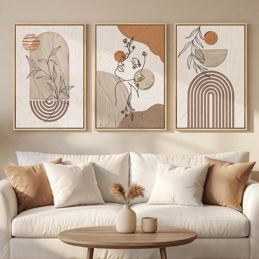 Framed Earth Tone Boho Abstract Wall Art Bedroom, 3 Piece Neutral Modern Bohemian Paintings Prints Canvas Artwork for Walls, Boho Triptych Pictures for Living Room Home Office Wall Decor, 16x24 Inch
