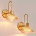 Wall Sconce Set of 2, Gold Vintage Light Fixtures with Round Amber Glass Lampshade, Hardwired Sconces Wall Lighting for Bedroom, Bathroom, Living Room | Includes 2 LED Bulbs