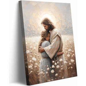 Jesus Hugging Woman Christian Canvas Wall Art Ready to Hang 24"L x 16"W | Jesus and Girl Healing Embrace Print in Floral Field Modern Spiritual Religious Decor for Living Room Bedroom Faith Gifts
