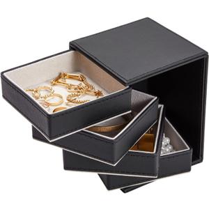 4 Layer Rotating Jewelry Organizer for Men, Women, Small Faux Leather Box for Necklaces, Rings, Earring, Bracelets (Black, 4x5.25") - Jewelry Box - Earring Holder Organizer