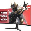CRUA 34" Curved Gaming Monitor, WQHD 3440x1440, 144Hz/165Hz Computer Monitors, 1500R VA Screen, 120% sRGB, AMD FreeSync, HDMI 2.0 & DP 1.4, Wall Mountable Installs- Black